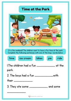 a printable worksheet for children to learn how to read the poem time at the park