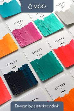 different colors of paint with the words moo on them