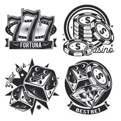 four different casino logos with dices and gambling symbols in black and white colors on a white background