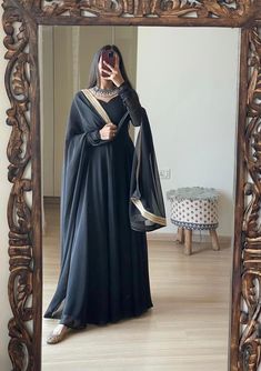 #gown #fashion #dress #wedding #weddingdress #Ag #style #bride #gowns #bridal #saree #kurti #weddinggown #couture #designer #prom #lehenga #onlineshopping #love #ootd #fashionista #instafashion #partywear #fashiondesigner #eveninggown Black Anarkali Dress, Printed Long Gowns, Party Wear Anarkali, Kurti Dupatta, Black Anarkali, Floor Length Anarkali, Frock Designs, Georgette Gown, Ethnic Gown