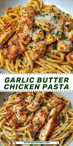 garlic butter chicken pasta in a white bowl