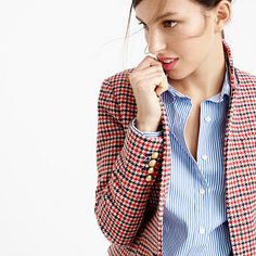 J.Crew Regent blazer in red houndstooth plaid Houndstooth Blazer Outfit, Retro Plaid Wool Blazer, Classic Single-button Plaid Blazer, Spring Single-breasted Plaid Blazer, Classic Plaid Single-breasted Blazer, Red Houndstooth, Plaid Double-breasted Houndstooth Outerwear, Tory Burch Robinson, Houndstooth Blazer