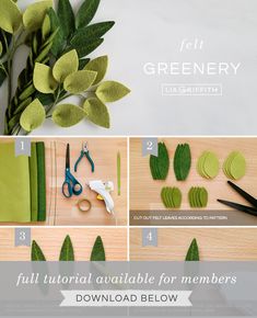 the instructions for making felt leaves are shown in several different positions, including scissors and paper flowers