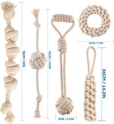 four different types of rope and knot on a white background with measurements for each piece