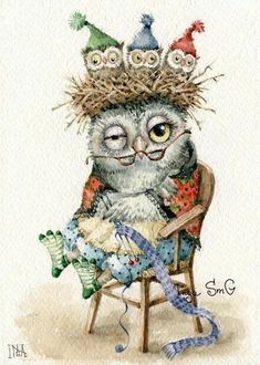 an owl sitting in a chair wearing a crown