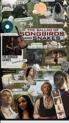 the poster for the movie songbirds and snakes is shown in multiple different languages, including one