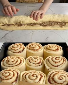 a pan filled with cinnamon rolls sitting on top of a counter next to an uncooked roll