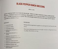 an open book with black pepper ranch dressing written in red on the inside and bottom