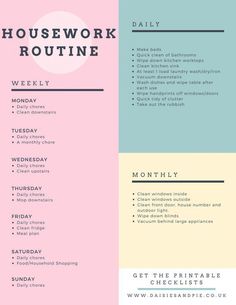 the housework routine is shown in pink, blue and green colors with text that reads get the printable checklist today