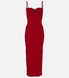 La Robe Sierra Bretelles midi dress in red - Jacquemus | Mytheresa Spring Evening Midi Dress, Ribbed, Spring Evening Ribbed Midi Dress, Summer Evening Ribbed Midi Dress, V-neck Ribbed Midi Evening Dress, V-neck Ribbed Midi Dress For Evening, Evening V-neck Ribbed Midi Dress, Red Sleeveless Viscose Dress, Red V-neck Viscose Dress, Viscose Midi Dress For Date Night