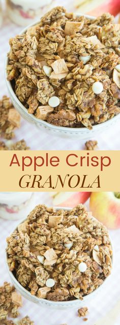 an apple crisp granola recipe is shown in two bowls with the title above it