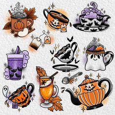 a collection of halloween themed items including tea cups, coffee mugs and pumpkins