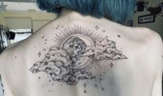 the back of a woman's upper body with clouds and stars in the sky