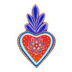 a blue and red heart shaped object on a white background with an orange flower in the center