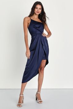 Law of Attraction Navy Blue One-Shoulder Asymmetrical Midi Dress Midi Dress Wedding, Midi Dress Wedding Guest, Asymmetrical Midi Skirt, Navy Blue Midi Dress, Asymmetrical Midi Dress, Blue Homecoming Dresses, One Shoulder Midi Dress, Lulus Dresses, Midi Cocktail Dress