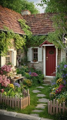 a small house with a red door surrounded by flowers