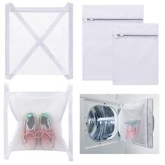 four different types of laundry bags and clothes in front of an open washing machine with shoes inside