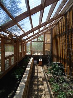 the inside of a building with lots of plants growing in it and some windows on the side