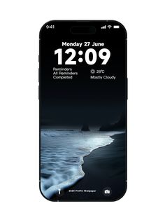 an iphone with the time displayed on it's screen and beach in the background