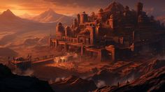 a fantasy castle in the middle of a desert with mountains and fogs behind it