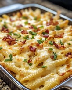 a casserole dish with bacon and cheese