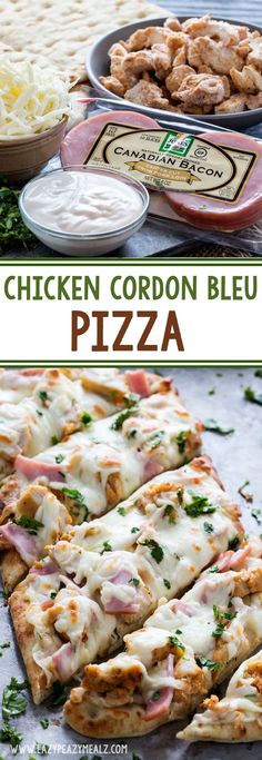 chicken cordon bleu pizza with cheese sauce and parsley on the side