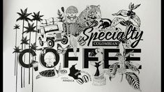 the words specialty gourmet coffee are drawn in black and white on a piece of paper