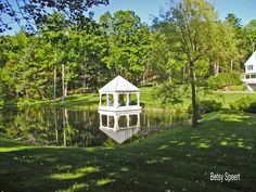 a white gazebo sitting on top of a lush green field next to a lake