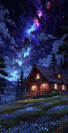 a painting of a cabin in the middle of a field with flowers and stars above it