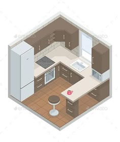 a kitchen with an island, refrigerator and sink in the center - 3d renderings