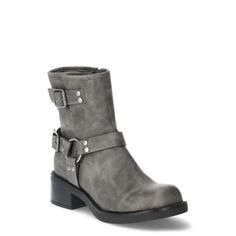 Pure fireNo Boundaries Moto Boots put an edgy spin on any outfit. Whether you pair these ankle boots with a maxi dress, shorts or jeans, youre sure to love the vibe. The combination chunky sole and buckle accents give these boots stand-out style that transcends trends. Only at Walmart. Size: 6.  Color: Gray.  Gender: female.  Age Group: adult. Edgy Ankle Moto Boots For Outdoor, Fitted Casual Moto Boots With Round Toe, Edgy Moto Boots Medium Width For Winter, Biker Style Moto Boots For Outdoor In Fall, Biker Moto Boots For Outdoor Use In Fall, Biker-style Moto Boots For Outdoor Fall Activities, Biker Moto Boots For Outdoor Fall, Spring Ankle Moto Boots With Buckle Closure, Trendy Ankle-high Moto Boots For Spring