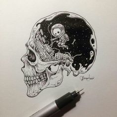 a drawing of a skull with space on its head and an astronaut in the background