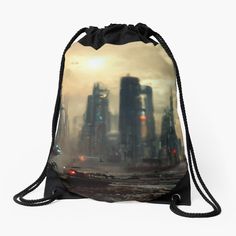 a drawsack bag with an image of a city in the background