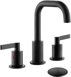 two black faucets with one red button on the side and three black handles