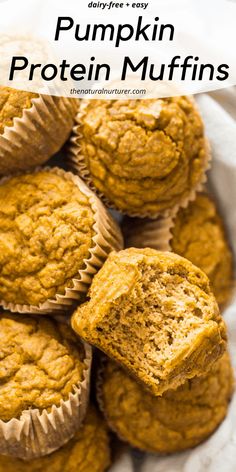 pumpkin protein muffins stacked on top of each other with the title in the middle