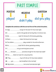 the past simple worksheet is shown with words and pictures on it, including