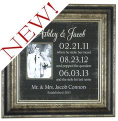 a wedding gift for the newly married couple, framed in black and white with red lettering