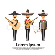 three mexican musicians with instruments and sombrero