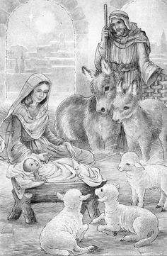 the nativity is depicted in this black and white drawing