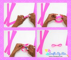 the steps to make a ribbon bow with scissors and tape on pink paper, which is cut into four sections