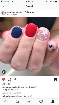 Gel Shellac Nails, Patriotic Nails, Cute Short Nails, Nail Art Designs Videos, July Nails, Shellac Nails, Star Nails, I Love Nails