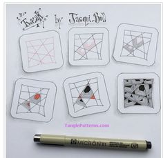 four squares with different shapes on them next to a marker