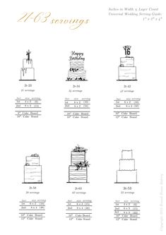 the wedding cake sizes are shown in black and white, with gold lettering on it