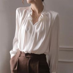 Hnzxzm Loose Silk Casual Pleated Long Sleeve Tops Women Long Sleeve Vintage Shirt V-Neck Elegant Satin White Blouse Fashion Asian Size Length Bust Sleeve Shoulder UNIT CM INCH CM INCH CM INCH CM INCH S 59 23.25 96 37.82 55 21.67 38 14.97 M 60 23.64 100 39.40 56 22.06 39 15.37 L 61 24.03 104 40.98 57 22.46 40 15.76 XL 62 24.43 108 42.55 58 22.85 41 16.15 2XL 63 24.82 112 44.13 59 23.25 42 16.55 3XL 64 25.22 116 45.70 60 23.64 43 16.94 Note: 1.Measure error within 2-4cm is normal 2.This is Asian s Skirt Outfits Summer, Office Shirt, Beach Wear Outfits, Blouse Models, Chic Party, The Office Shirts, Blouse Casual, Aesthetic Women, Women Long Sleeve Tops