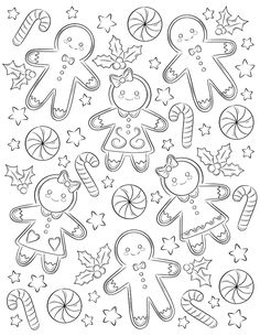 christmas coloring pages for kids to print out and color with their own holiday decorations, including gingerbreads