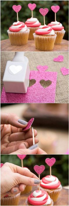 cupcakes with pink frosting and hearts on them are being cut into heart shapes