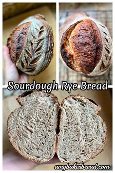 sourdough rye bread is cut in half and ready to be eaten