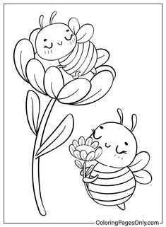 a coloring page with a bee holding a flower and another drawing in the back ground