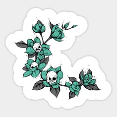 two stickers with flowers and skulls on them, one is green and the other is white