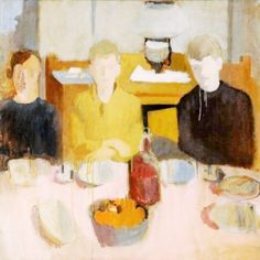 a painting of three people sitting at a table with food and drinks in front of them